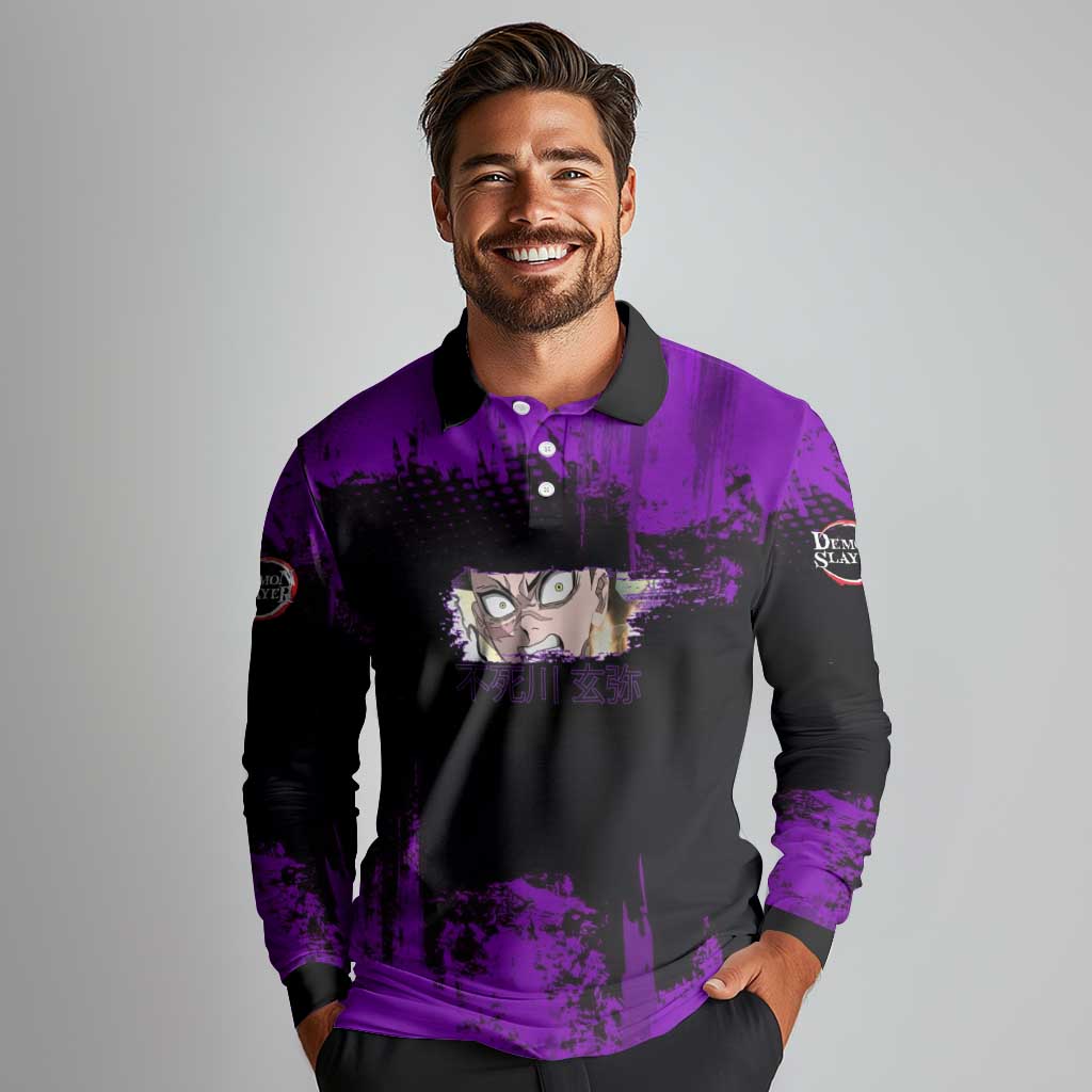 Genya Shinazugawa Demon Slayer Purple Grunge Design Long Sleeve Polo Shirt with Fierce Expression and Combat Stance - The Mazicc