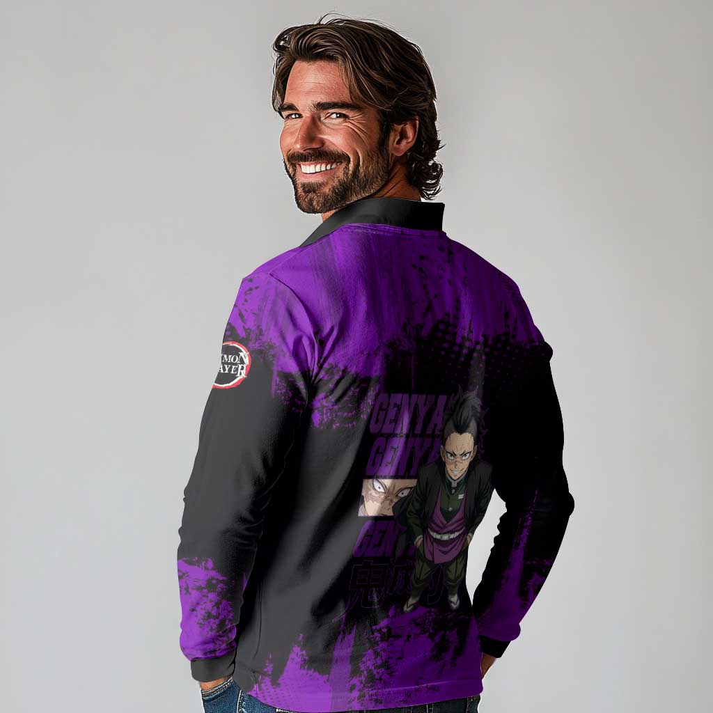Genya Shinazugawa Demon Slayer Purple Grunge Design Long Sleeve Polo Shirt with Fierce Expression and Combat Stance - The Mazicc