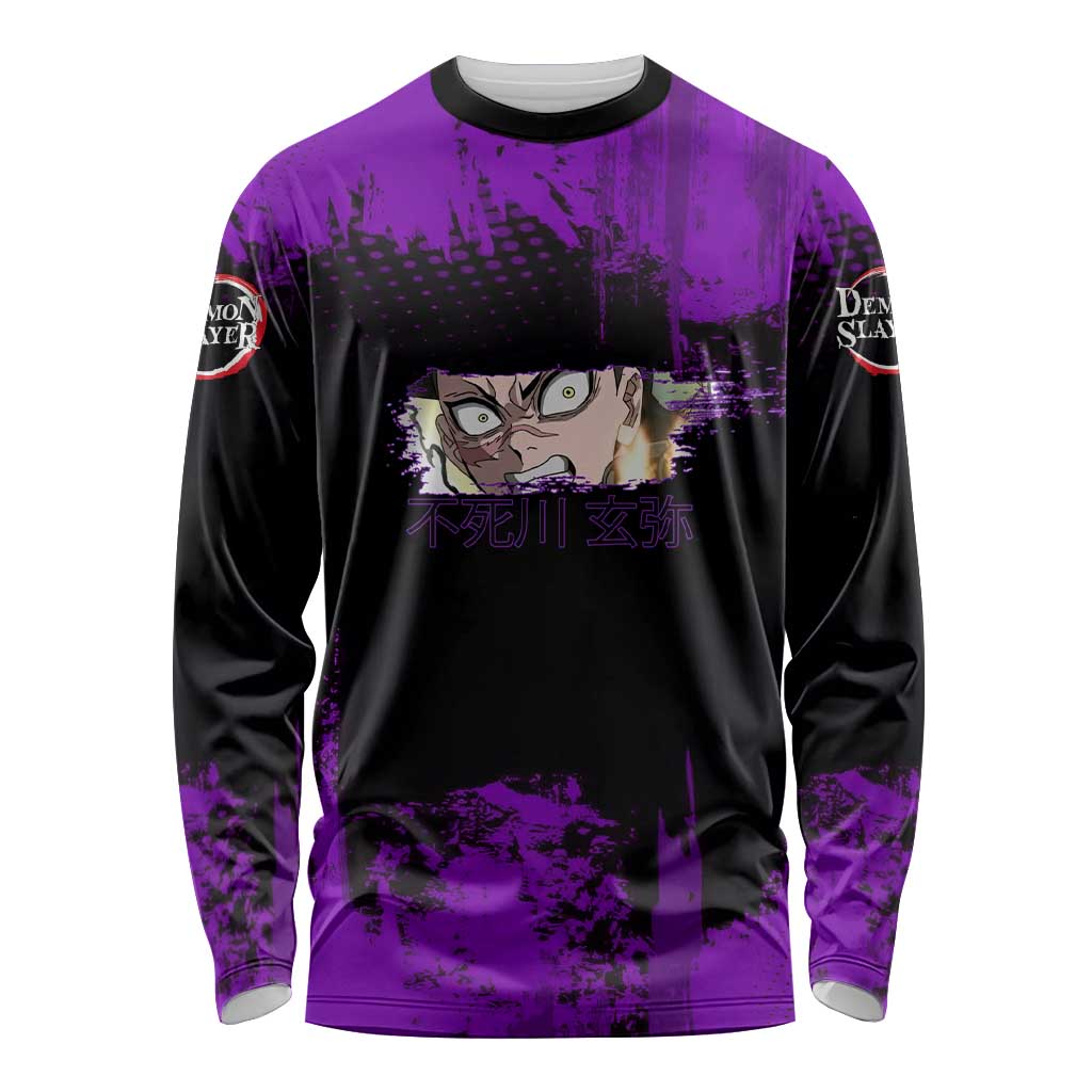 Genya Shinazugawa Demon Slayer Purple Grunge Design Long Sleeve Shirt with Fierce Expression and Combat Stance - The Mazicc