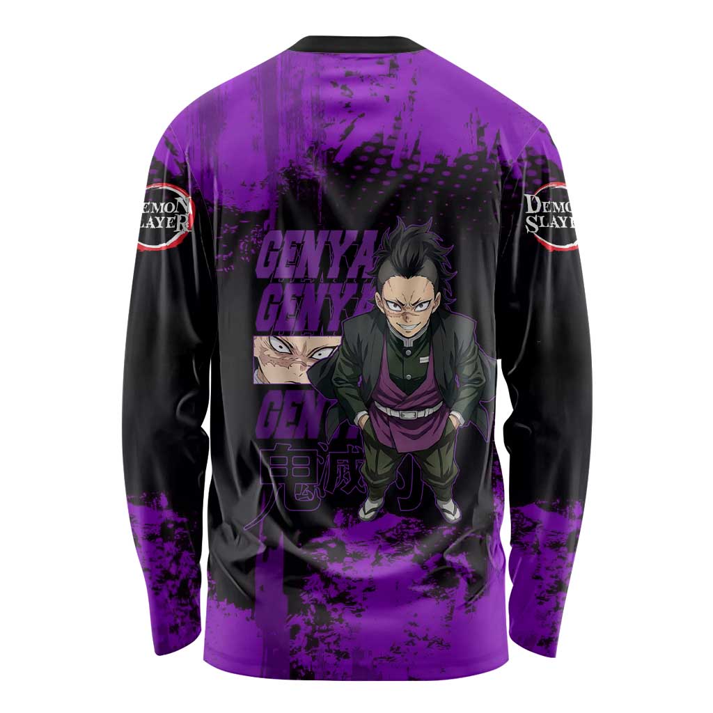 Genya Shinazugawa Demon Slayer Purple Grunge Design Long Sleeve Shirt with Fierce Expression and Combat Stance - The Mazicc
