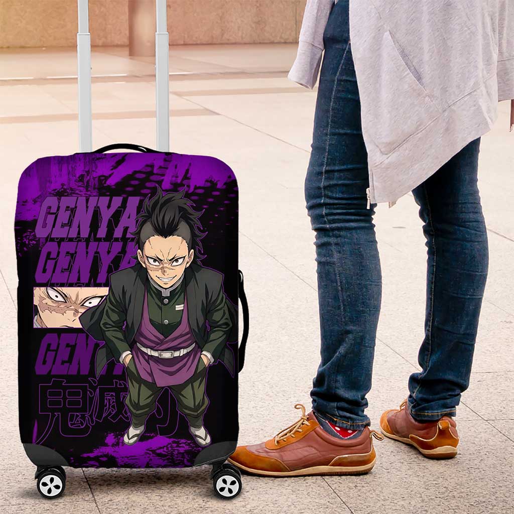 Genya Shinazugawa Demon Slayer Purple Grunge Design Luggage Cover with Fierce Expression and Combat Stance - The Mazicc