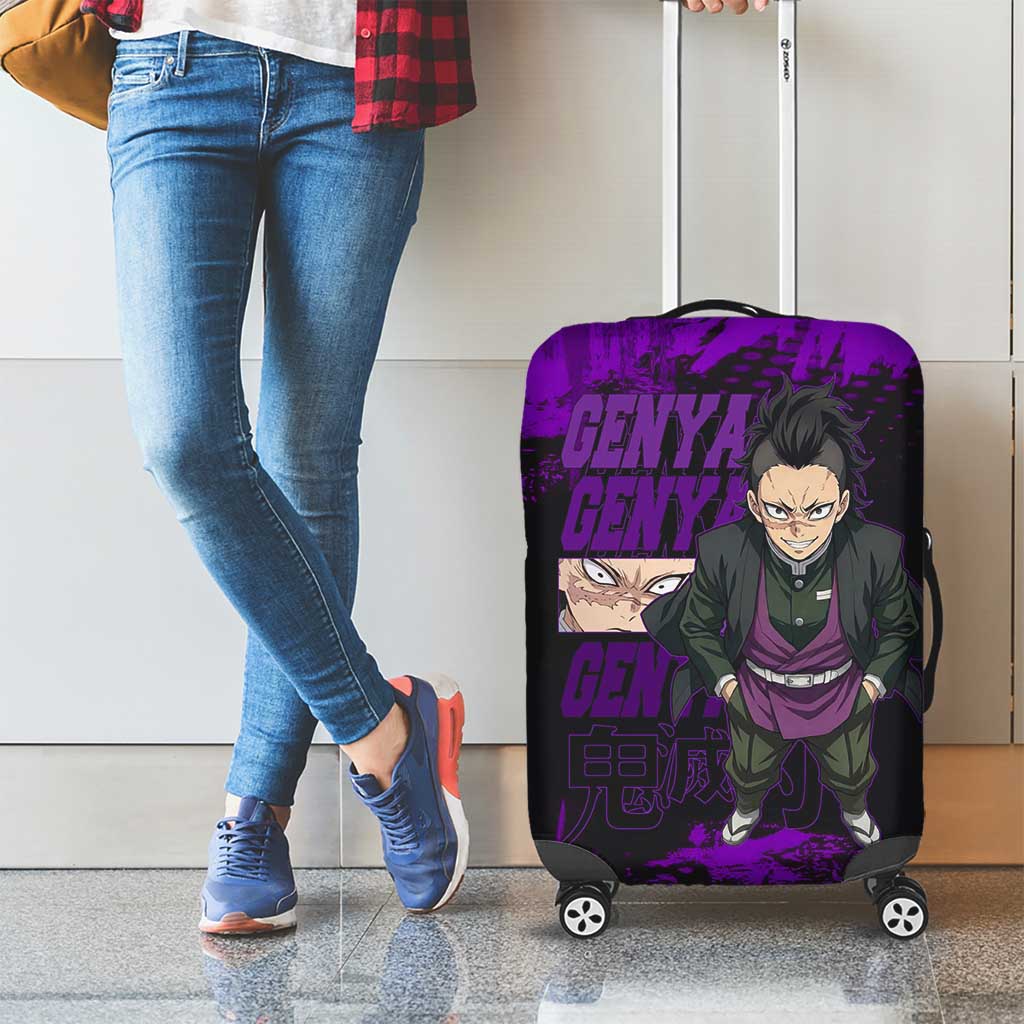 Genya Shinazugawa Demon Slayer Purple Grunge Design Luggage Cover with Fierce Expression and Combat Stance - The Mazicc