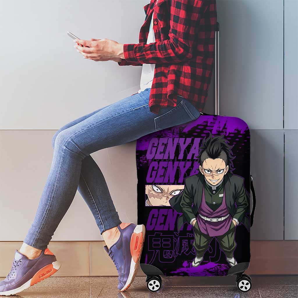 Genya Shinazugawa Demon Slayer Purple Grunge Design Luggage Cover with Fierce Expression and Combat Stance - The Mazicc