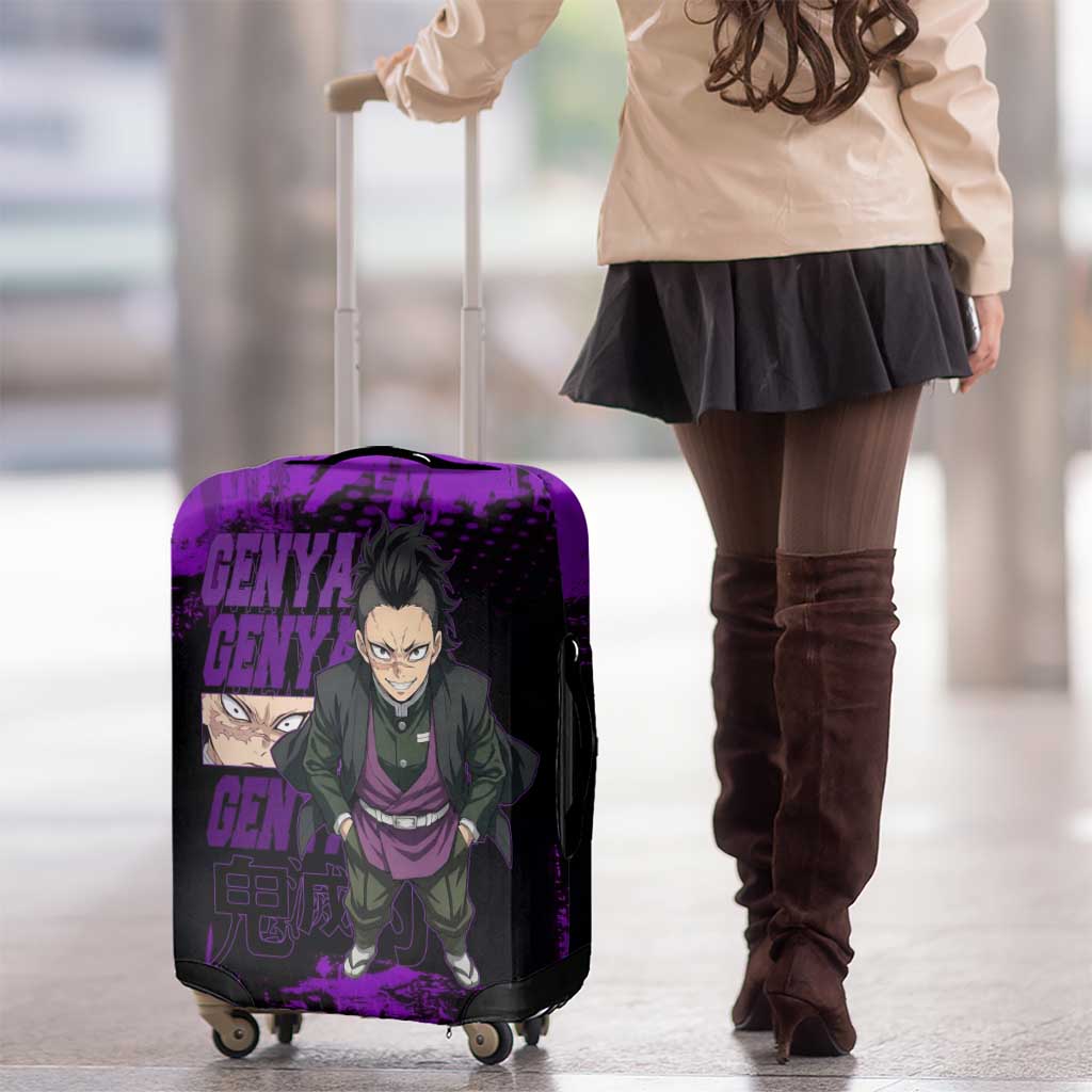 Genya Shinazugawa Demon Slayer Purple Grunge Design Luggage Cover with Fierce Expression and Combat Stance - The Mazicc
