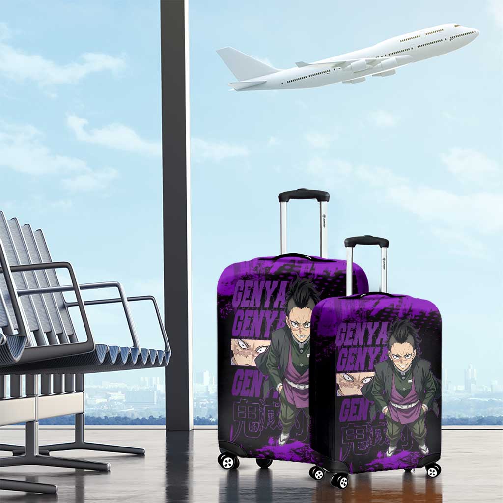 Genya Shinazugawa Demon Slayer Purple Grunge Design Luggage Cover with Fierce Expression and Combat Stance - The Mazicc