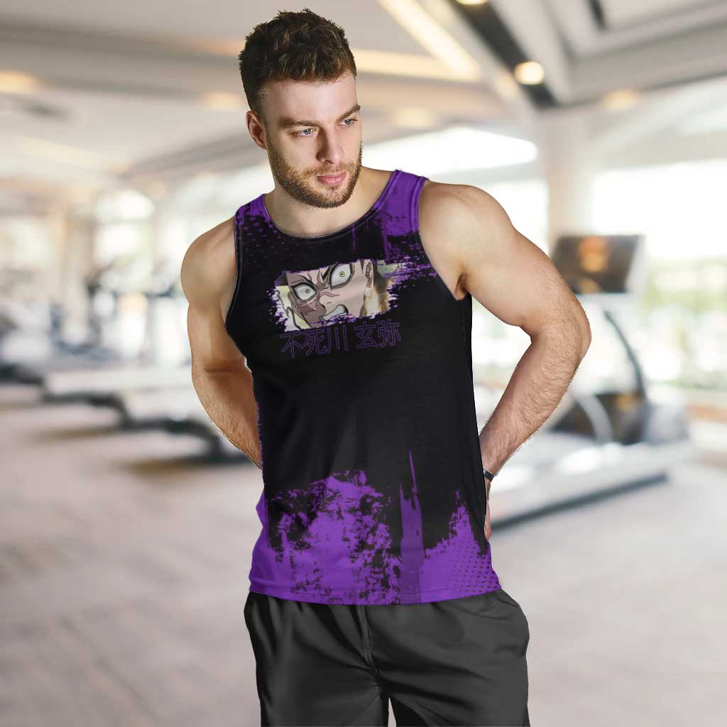 Genya Shinazugawa Demon Slayer Purple Grunge Design Men Tank Top with Fierce Expression and Combat Stance - The Mazicc