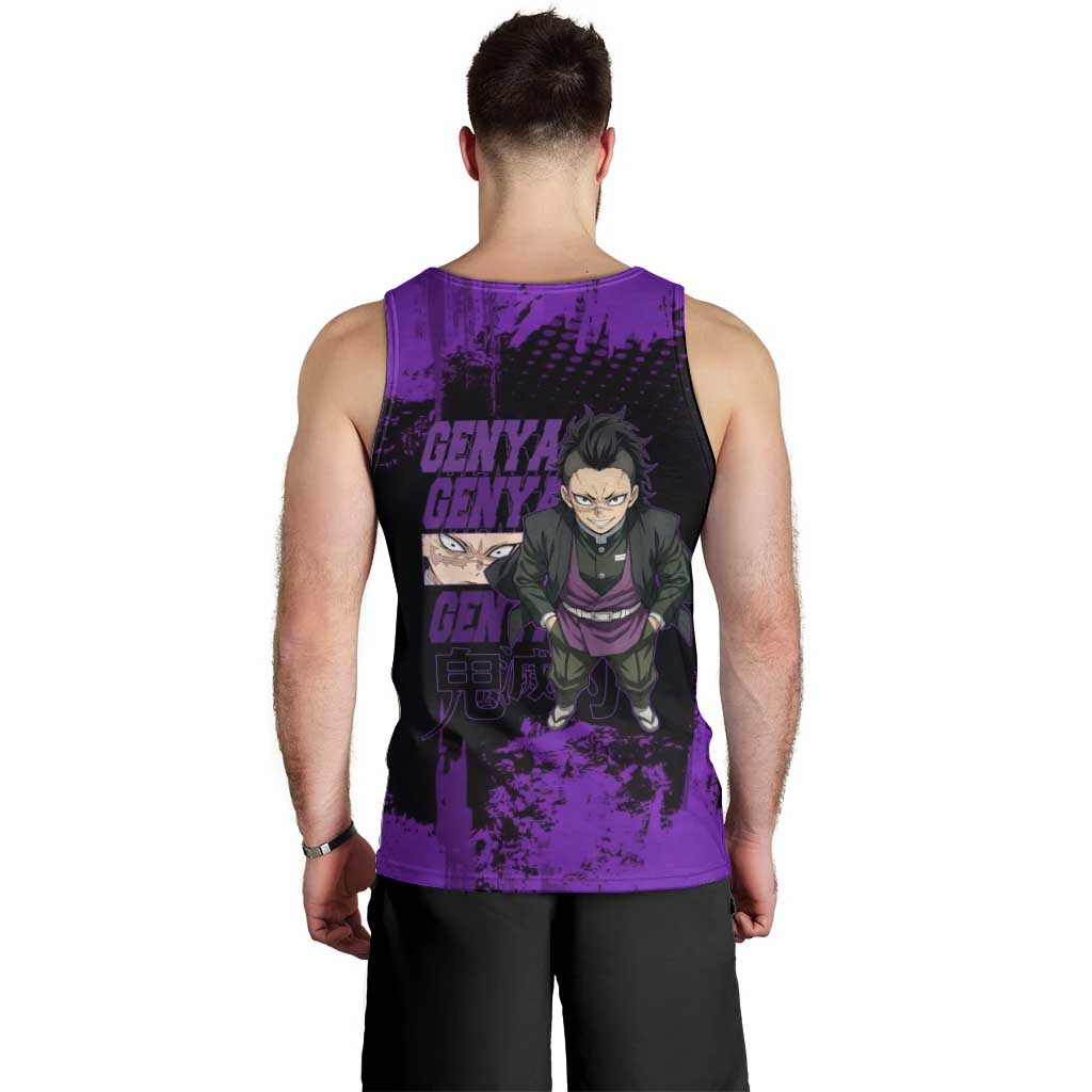Genya Shinazugawa Demon Slayer Purple Grunge Design Men Tank Top with Fierce Expression and Combat Stance - The Mazicc