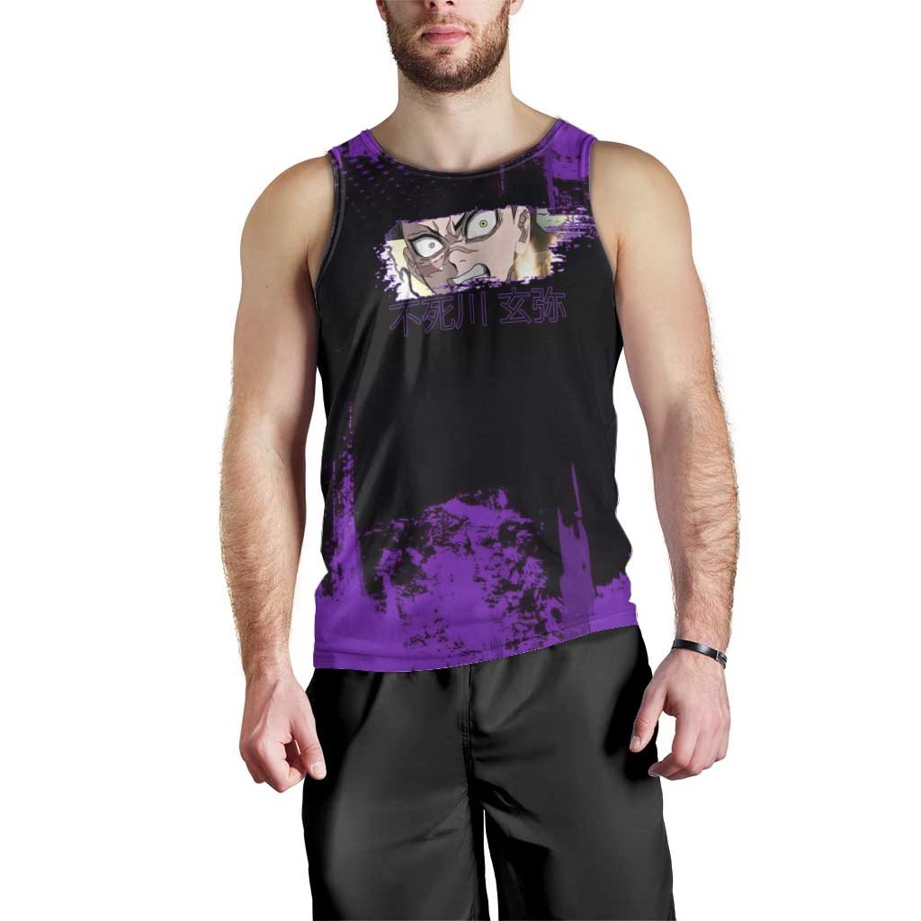 Genya Shinazugawa Demon Slayer Purple Grunge Design Men Tank Top with Fierce Expression and Combat Stance - The Mazicc