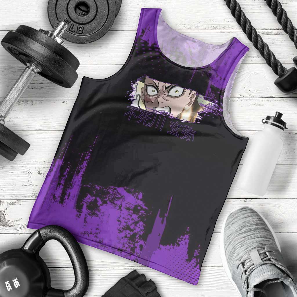 Genya Shinazugawa Demon Slayer Purple Grunge Design Men Tank Top with Fierce Expression and Combat Stance - The Mazicc