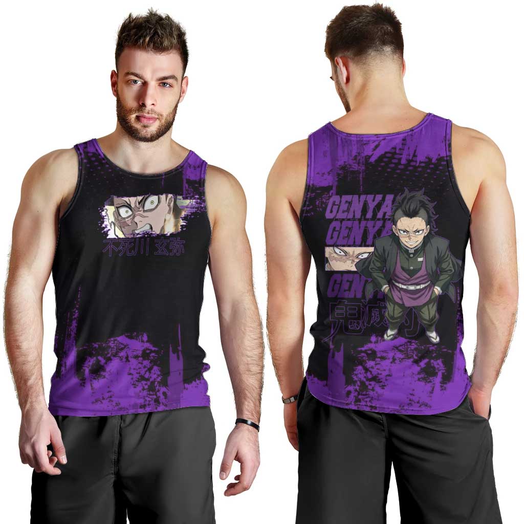 Genya Shinazugawa Demon Slayer Purple Grunge Design Men Tank Top with Fierce Expression and Combat Stance - The Mazicc