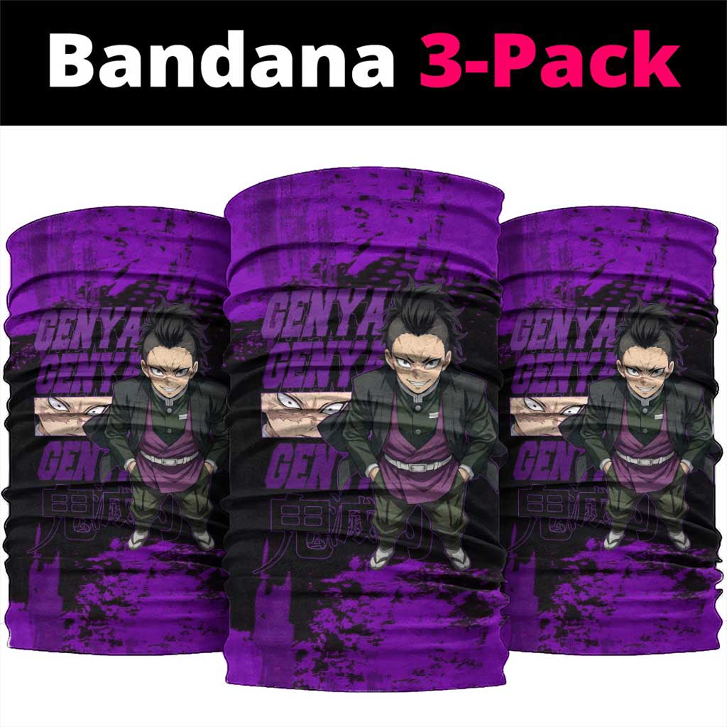 Genya Shinazugawa Demon Slayer Purple Grunge Design Neck Gaiter with Fierce Expression and Combat Stance - The Mazicc