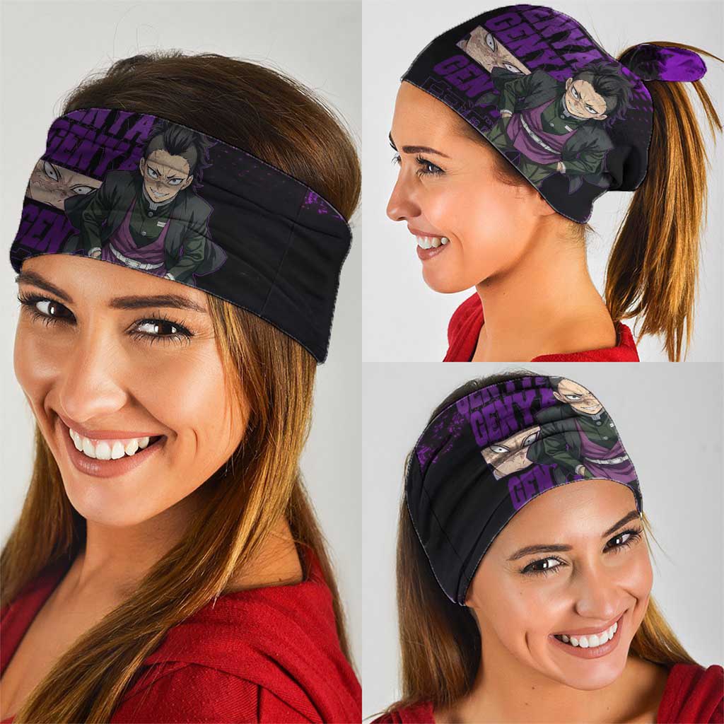 Genya Shinazugawa Demon Slayer Purple Grunge Design Neck Gaiter with Fierce Expression and Combat Stance - The Mazicc