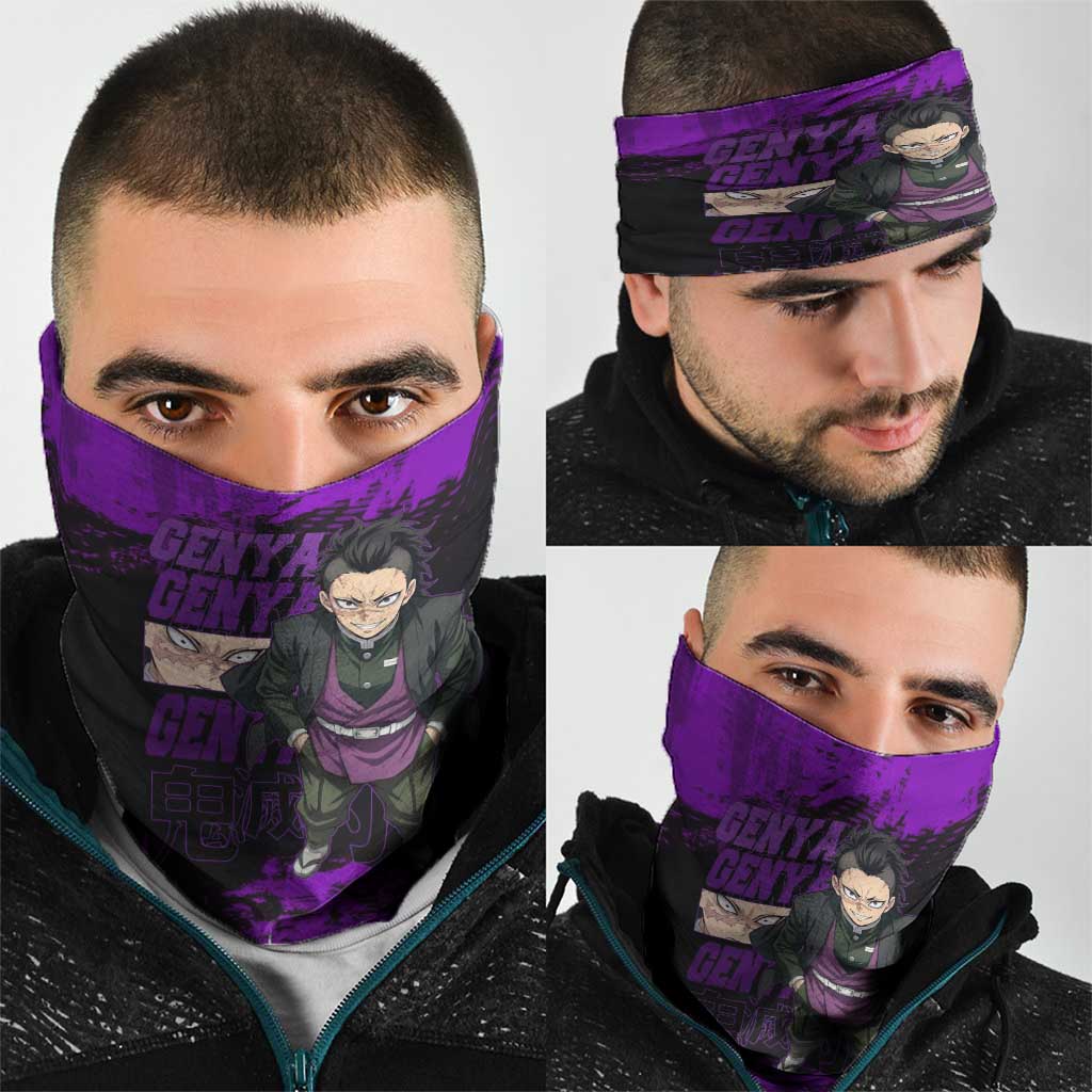 Genya Shinazugawa Demon Slayer Purple Grunge Design Neck Gaiter with Fierce Expression and Combat Stance - The Mazicc