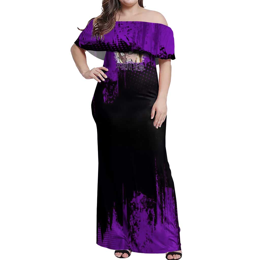 Genya Shinazugawa Demon Slayer Purple Grunge Design Off Shoulder Maxi Dress with Fierce Expression and Combat Stance - The Mazicc
