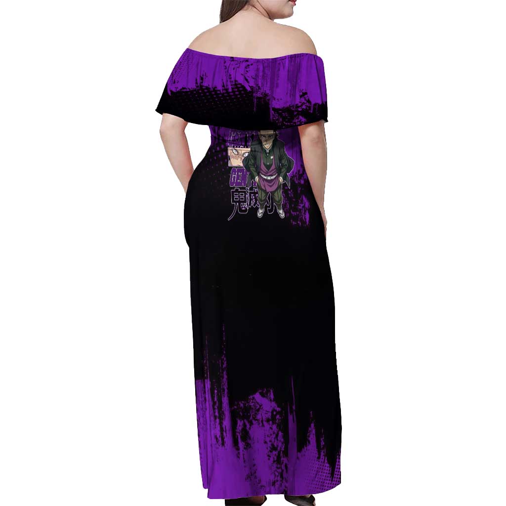 Genya Shinazugawa Demon Slayer Purple Grunge Design Off Shoulder Maxi Dress with Fierce Expression and Combat Stance - The Mazicc