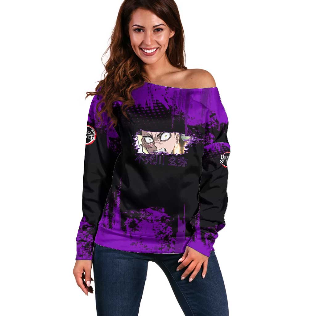 Genya Shinazugawa Demon Slayer Purple Grunge Design Off Shoulder Sweater with Fierce Expression and Combat Stance - The Mazicc