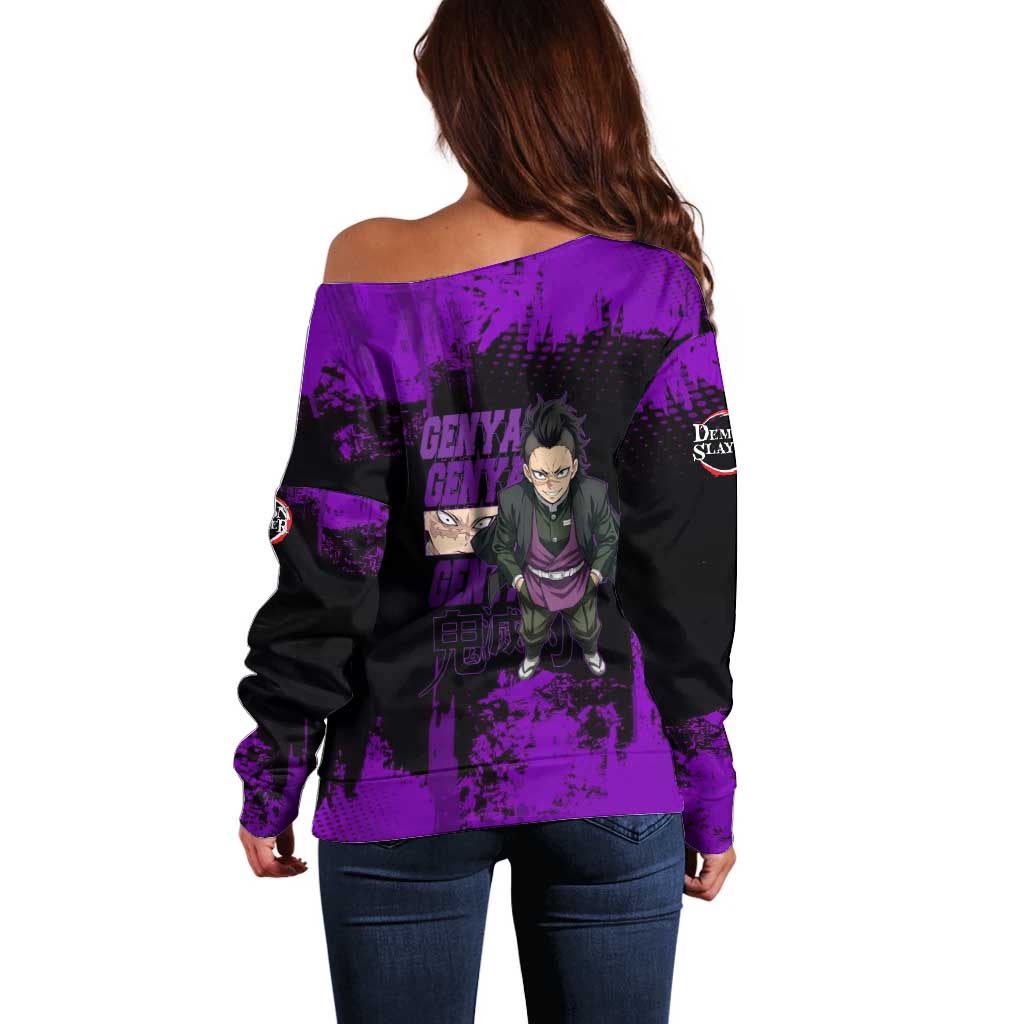 Genya Shinazugawa Demon Slayer Purple Grunge Design Off Shoulder Sweater with Fierce Expression and Combat Stance - The Mazicc