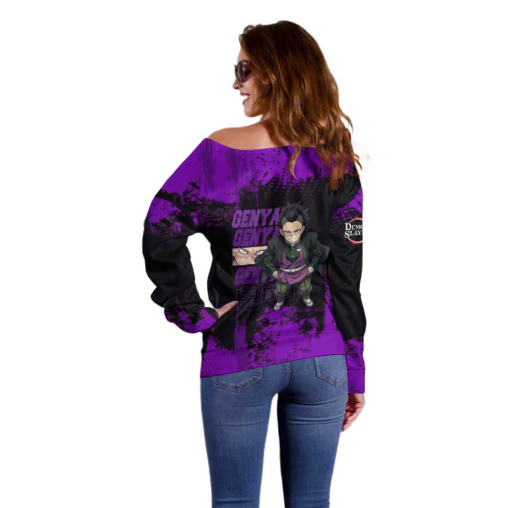 Genya Shinazugawa Demon Slayer Purple Grunge Design Off Shoulder Sweater with Fierce Expression and Combat Stance - The Mazicc