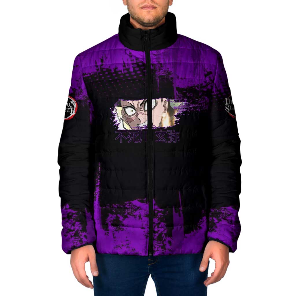 Genya Shinazugawa Demon Slayer Purple Grunge Design Padded Jacket with Fierce Expression and Combat Stance - The Mazicc