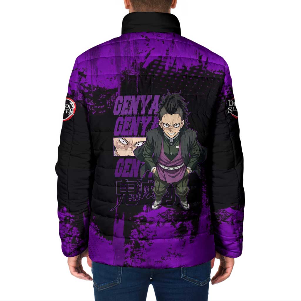 Genya Shinazugawa Demon Slayer Purple Grunge Design Padded Jacket with Fierce Expression and Combat Stance - The Mazicc