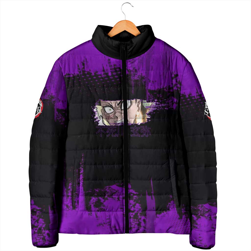 Genya Shinazugawa Demon Slayer Purple Grunge Design Padded Jacket with Fierce Expression and Combat Stance - The Mazicc
