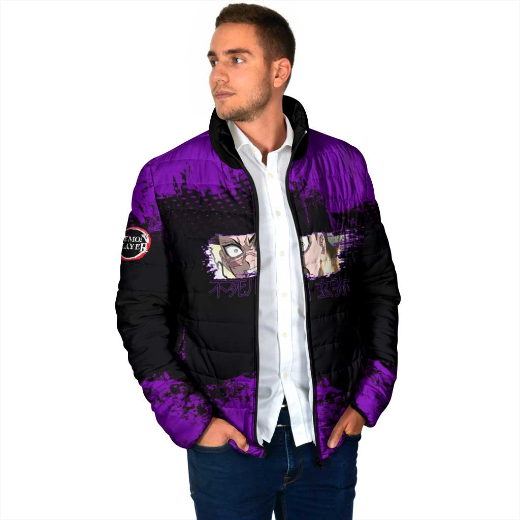 Genya Shinazugawa Demon Slayer Purple Grunge Design Padded Jacket with Fierce Expression and Combat Stance - The Mazicc