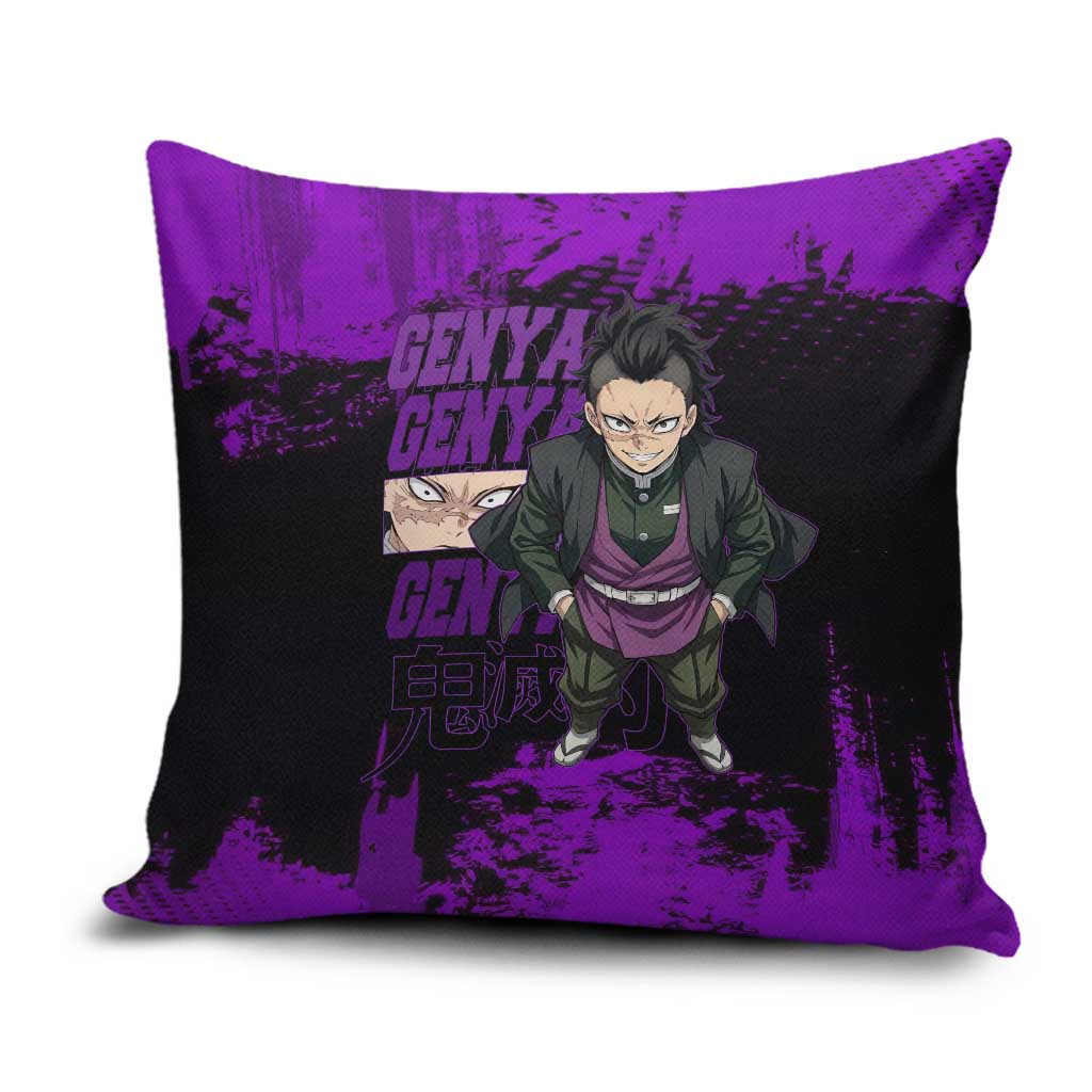 Genya Shinazugawa Demon Slayer Purple Grunge Design Pillow Cover with Fierce Expression and Combat Stance - The Mazicc