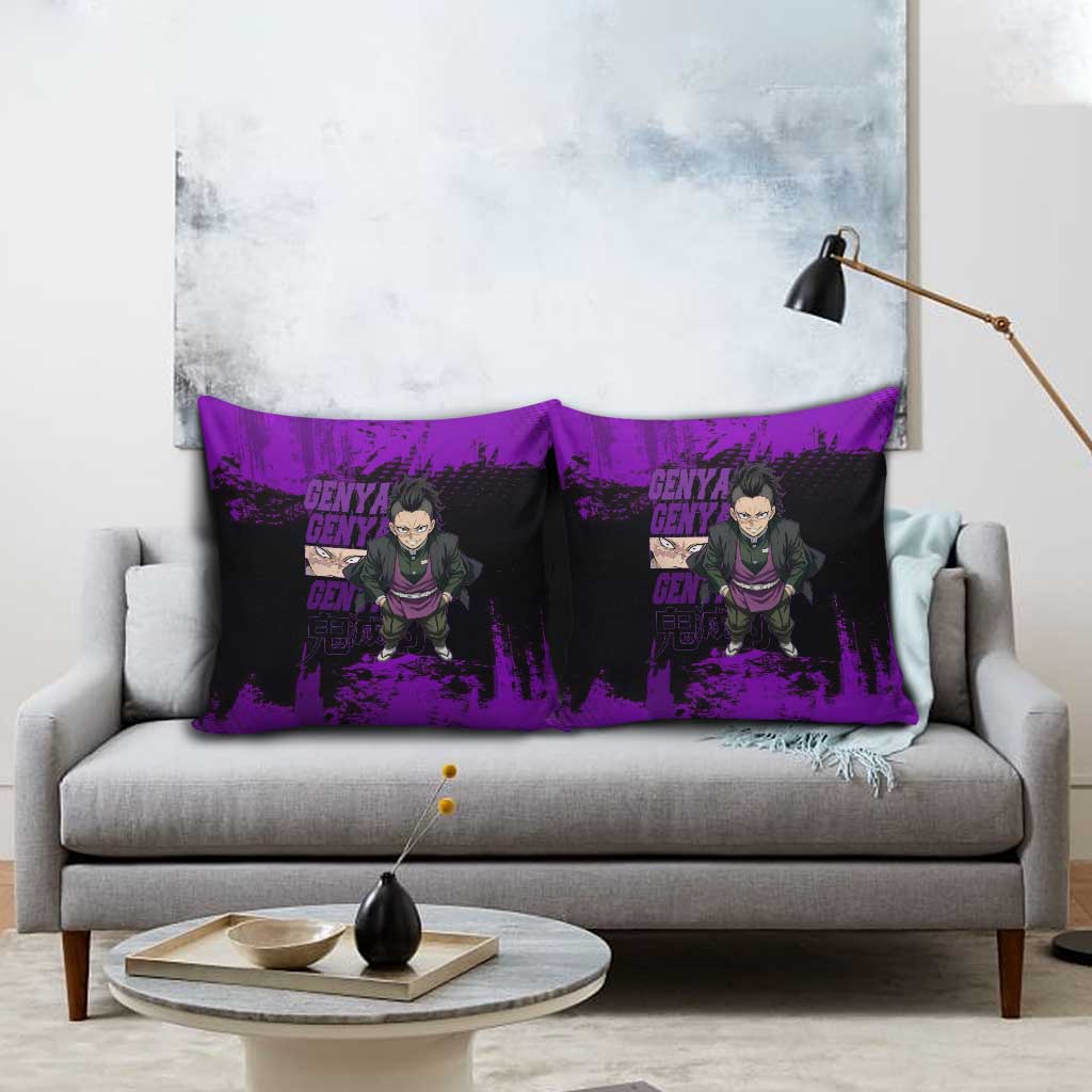 Genya Shinazugawa Demon Slayer Purple Grunge Design Pillow Cover with Fierce Expression and Combat Stance - The Mazicc