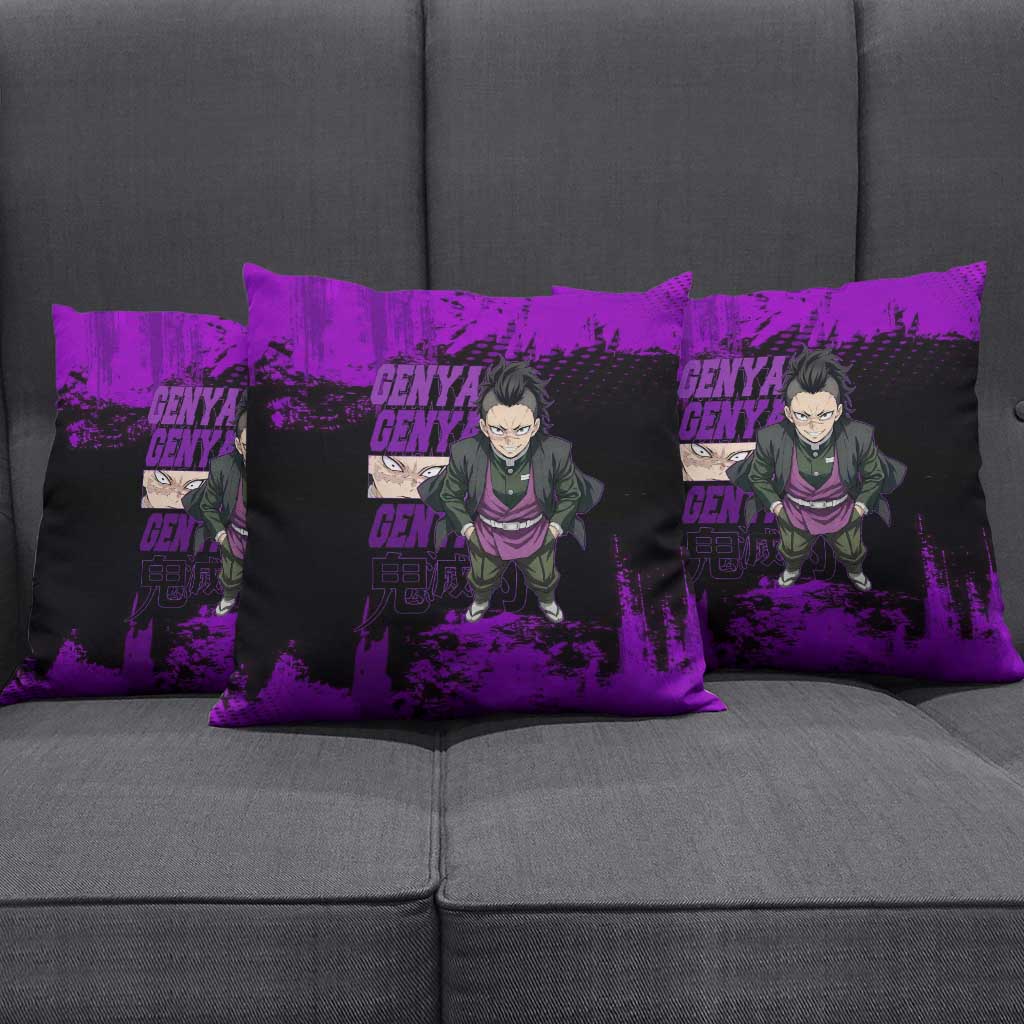 Genya Shinazugawa Demon Slayer Purple Grunge Design Pillow Cover with Fierce Expression and Combat Stance - The Mazicc
