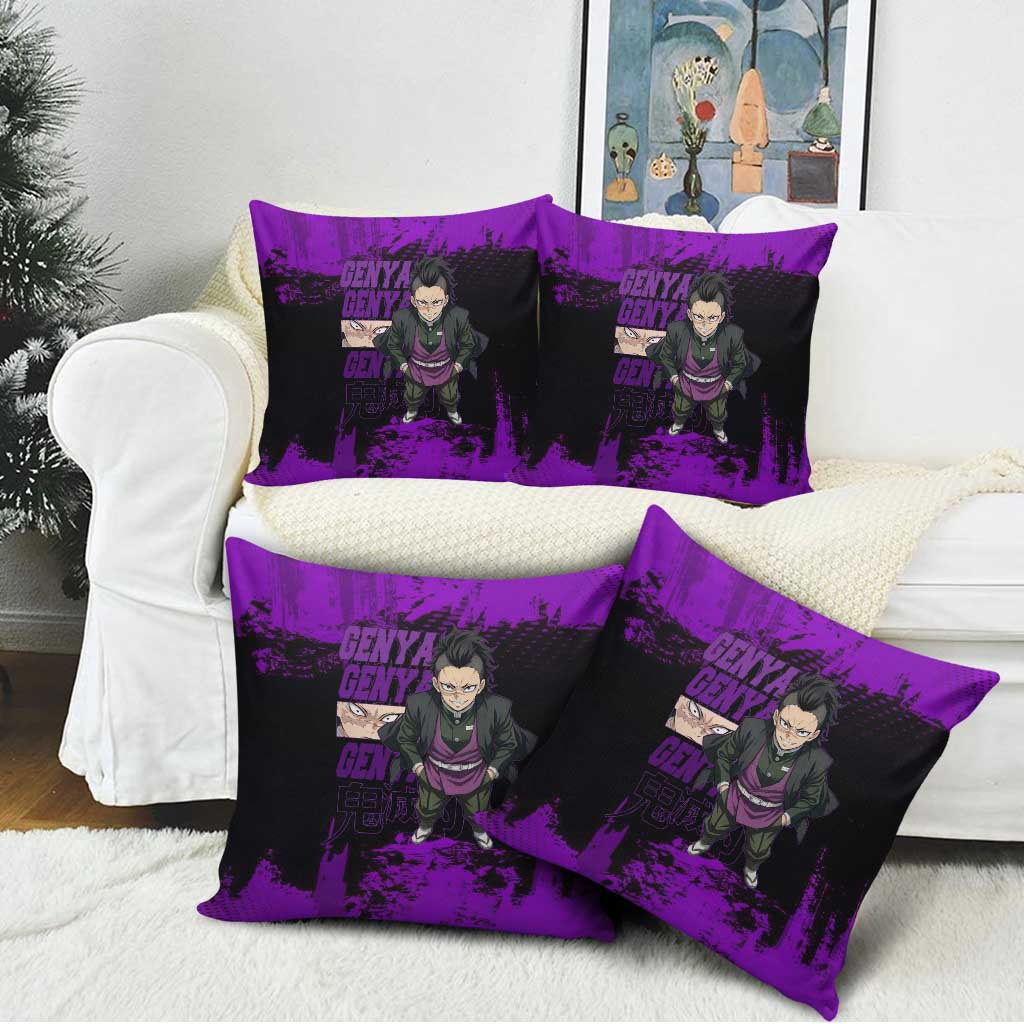 Genya Shinazugawa Demon Slayer Purple Grunge Design Pillow Cover with Fierce Expression and Combat Stance - The Mazicc