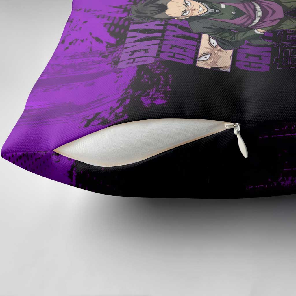 Genya Shinazugawa Demon Slayer Purple Grunge Design Pillow Cover with Fierce Expression and Combat Stance - The Mazicc