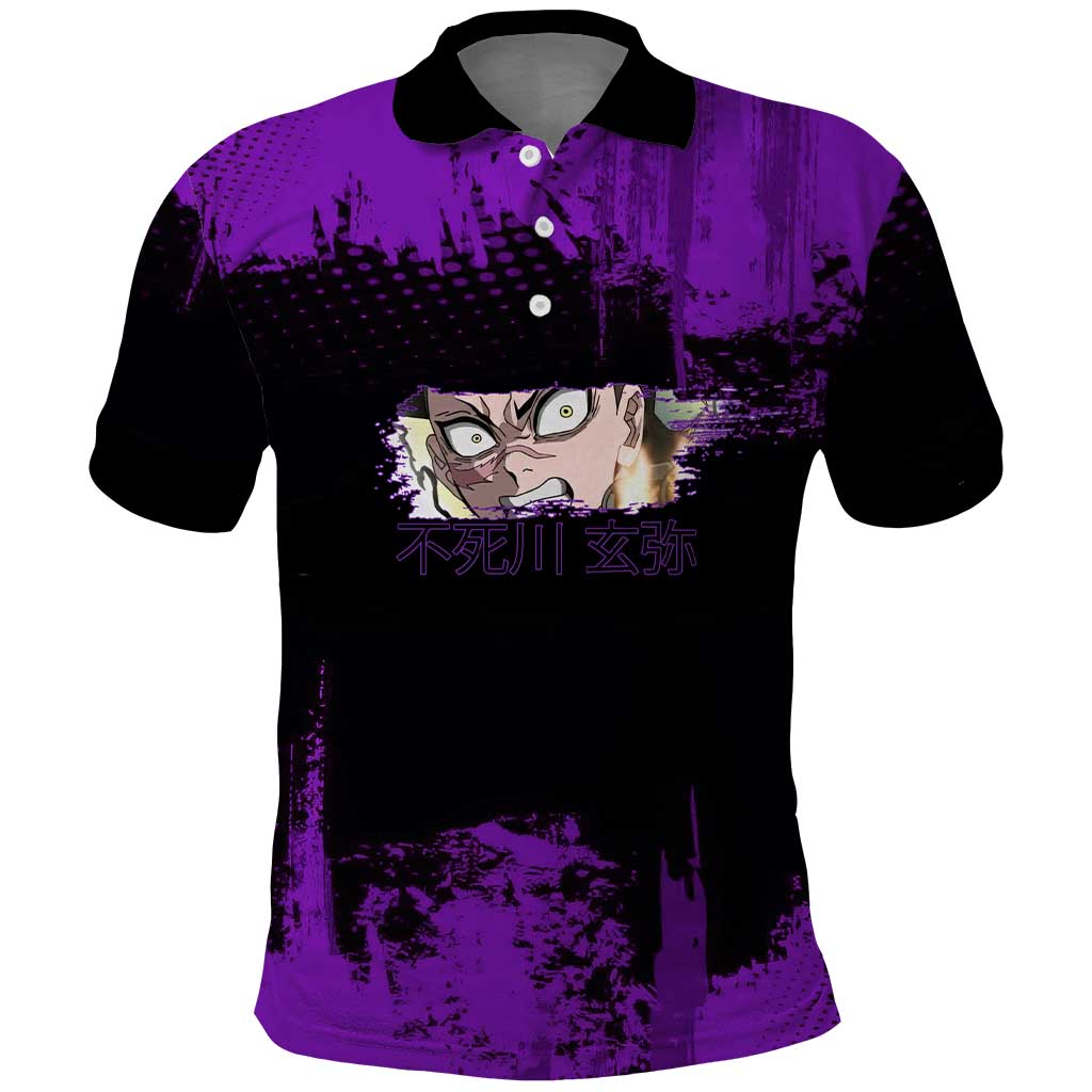 Genya Shinazugawa Demon Slayer Purple Grunge Design Polo Shirt with Fierce Expression and Combat Stance - The Mazicc