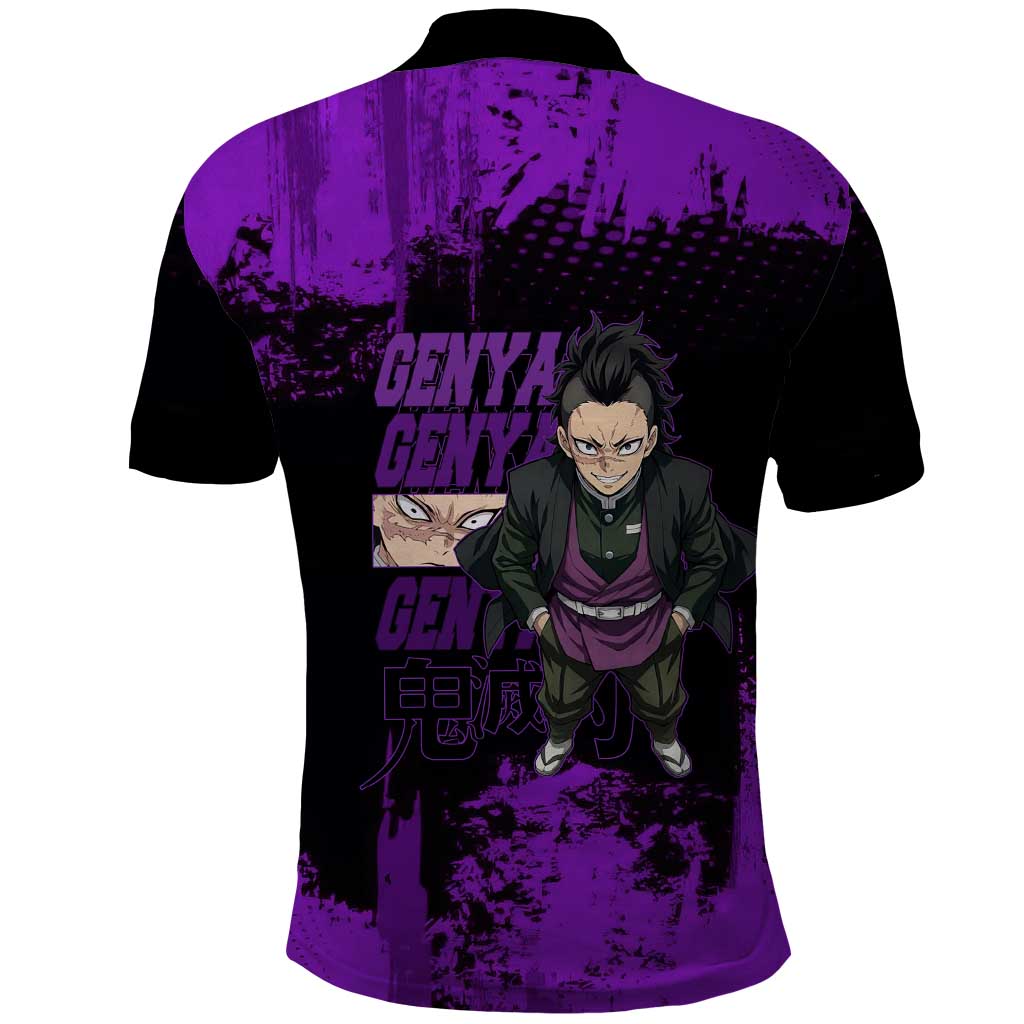 Genya Shinazugawa Demon Slayer Purple Grunge Design Polo Shirt with Fierce Expression and Combat Stance - The Mazicc