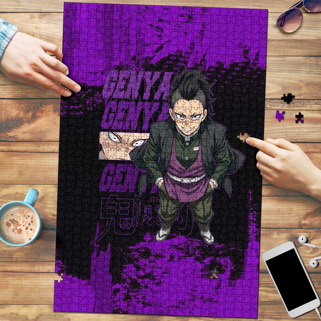 Genya Shinazugawa Demon Slayer Purple Grunge Design Puzzle with Fierce Expression and Combat Stance - The Mazicc