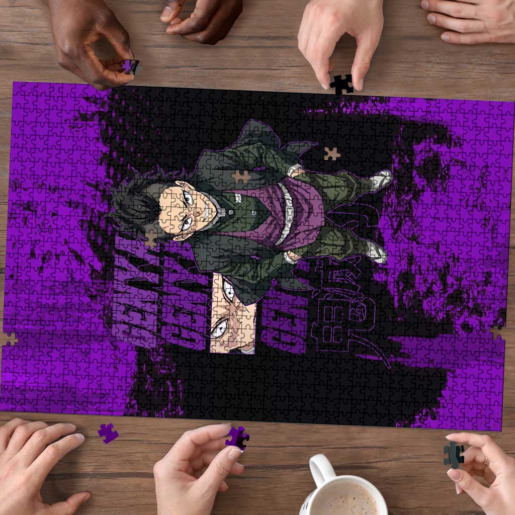 Genya Shinazugawa Demon Slayer Purple Grunge Design Puzzle with Fierce Expression and Combat Stance - The Mazicc