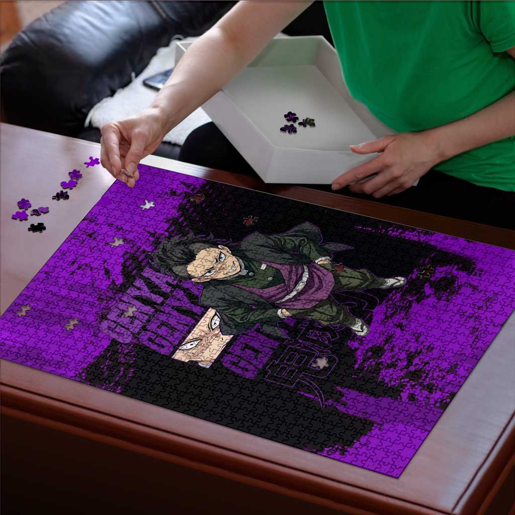 Genya Shinazugawa Demon Slayer Purple Grunge Design Puzzle with Fierce Expression and Combat Stance - The Mazicc