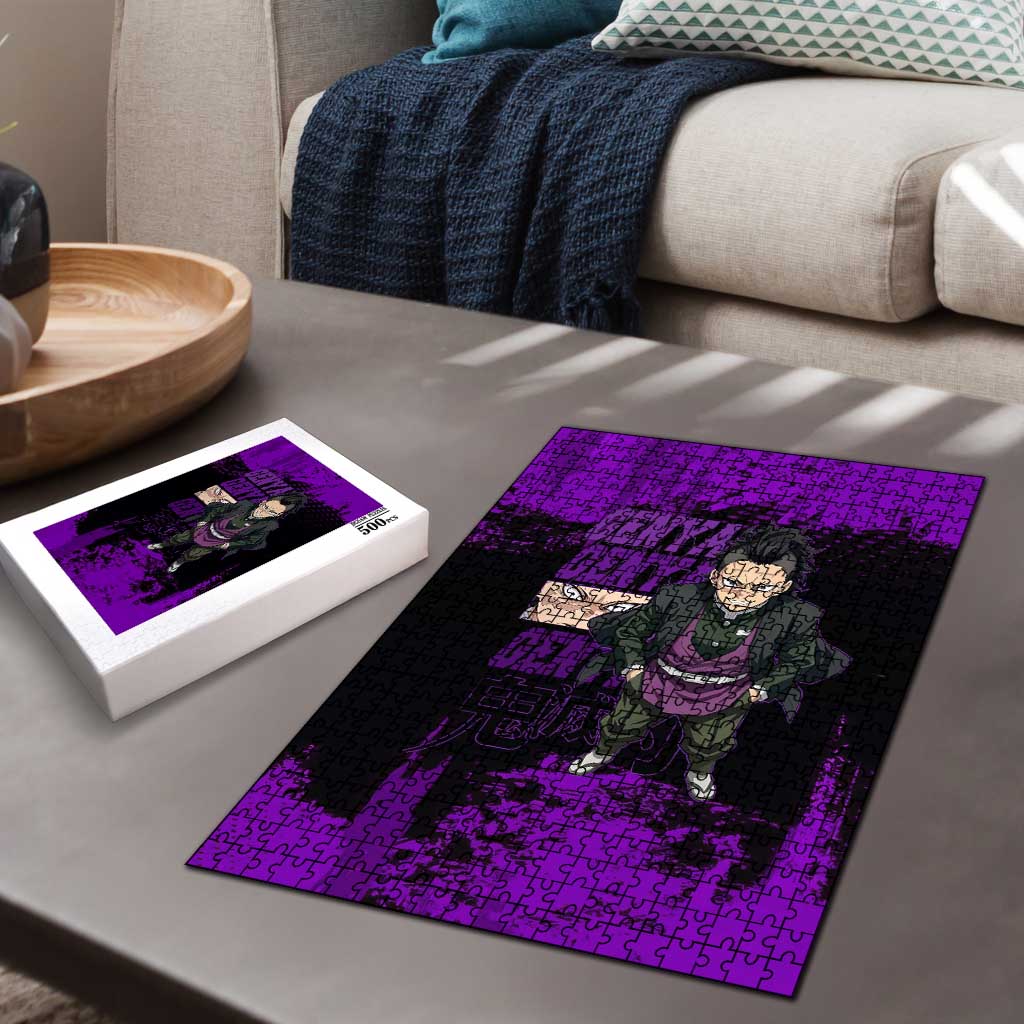 Genya Shinazugawa Demon Slayer Purple Grunge Design Puzzle with Fierce Expression and Combat Stance - The Mazicc
