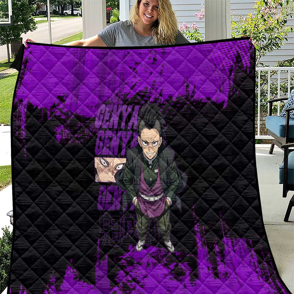 Genya Shinazugawa Demon Slayer Purple Grunge Design Quilt with Fierce Expression and Combat Stance - The Mazicc