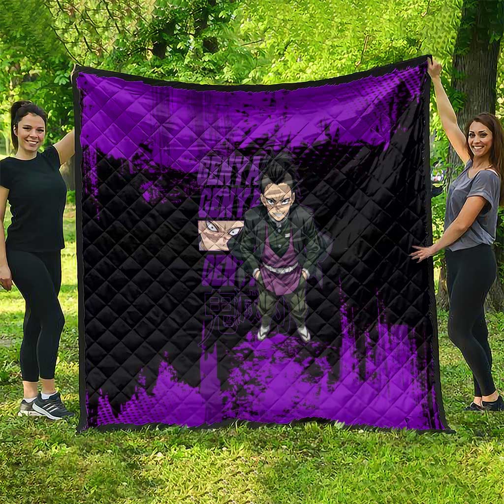 Genya Shinazugawa Demon Slayer Purple Grunge Design Quilt with Fierce Expression and Combat Stance - The Mazicc
