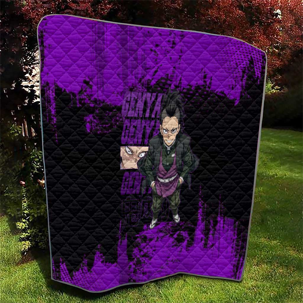 Genya Shinazugawa Demon Slayer Purple Grunge Design Quilt with Fierce Expression and Combat Stance - The Mazicc