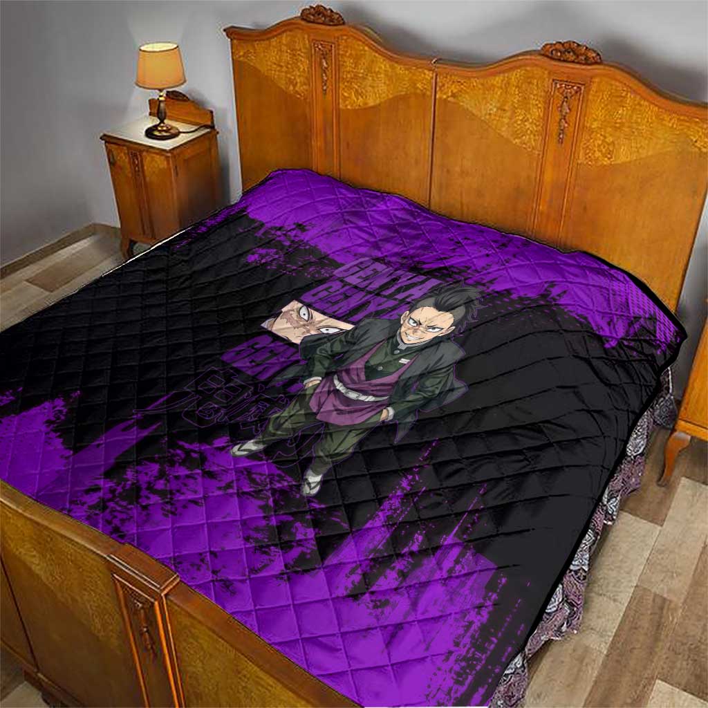 Genya Shinazugawa Demon Slayer Purple Grunge Design Quilt with Fierce Expression and Combat Stance - The Mazicc