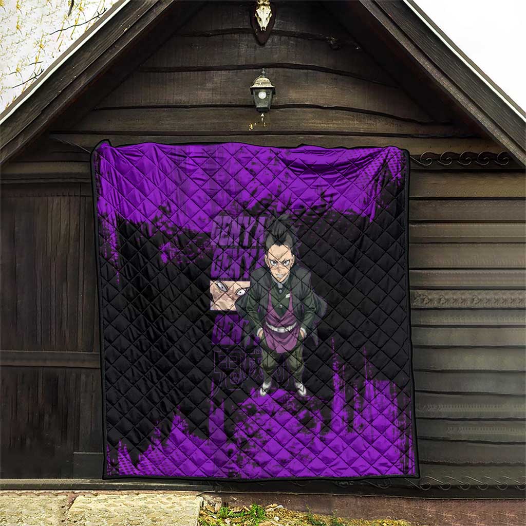 Genya Shinazugawa Demon Slayer Purple Grunge Design Quilt with Fierce Expression and Combat Stance - The Mazicc
