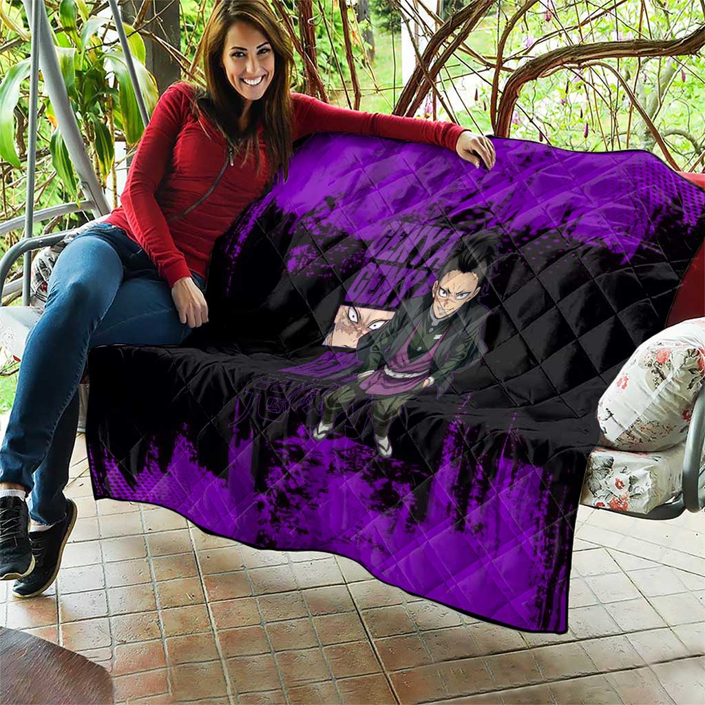 Genya Shinazugawa Demon Slayer Purple Grunge Design Quilt with Fierce Expression and Combat Stance - The Mazicc