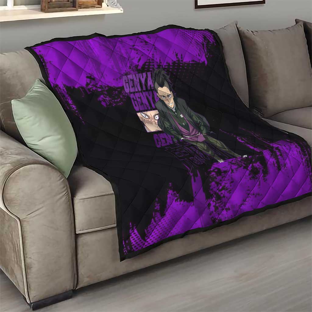 Genya Shinazugawa Demon Slayer Purple Grunge Design Quilt with Fierce Expression and Combat Stance - The Mazicc