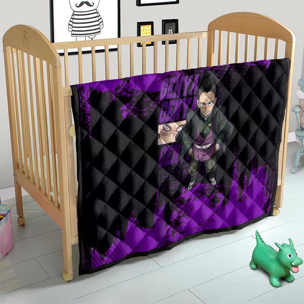 Genya Shinazugawa Demon Slayer Purple Grunge Design Quilt with Fierce Expression and Combat Stance - The Mazicc