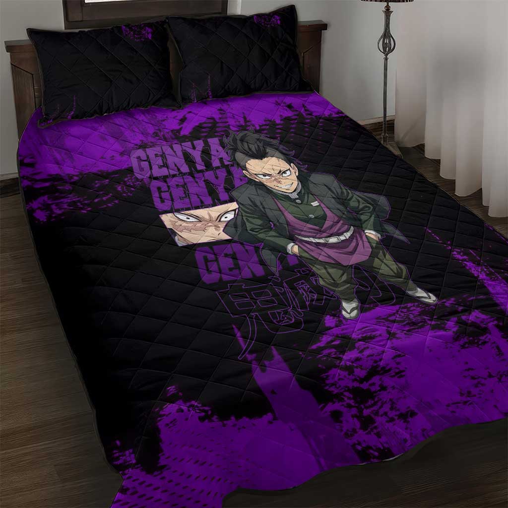 Genya Shinazugawa Demon Slayer Purple Grunge Design Quilt Bed Set with Fierce Expression and Combat Stance - The Mazicc