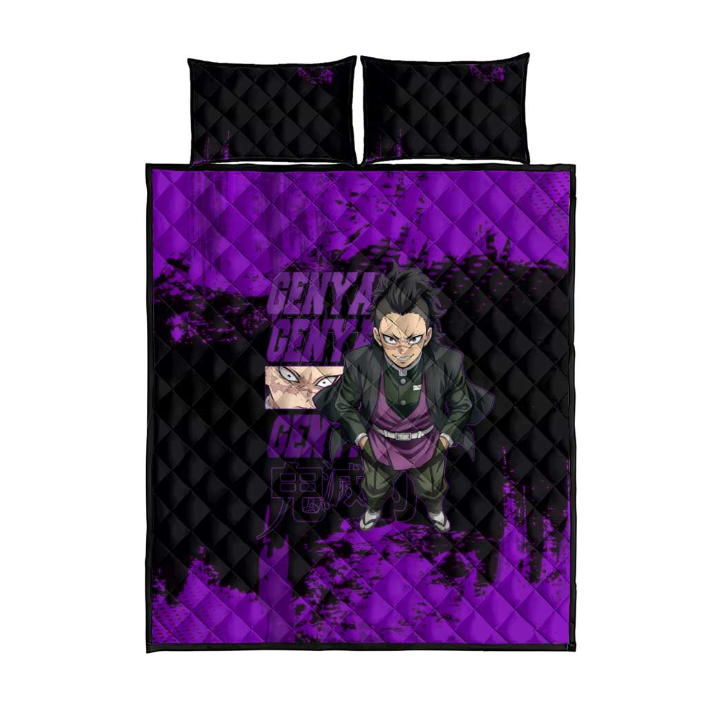Genya Shinazugawa Demon Slayer Purple Grunge Design Quilt Bed Set with Fierce Expression and Combat Stance - The Mazicc