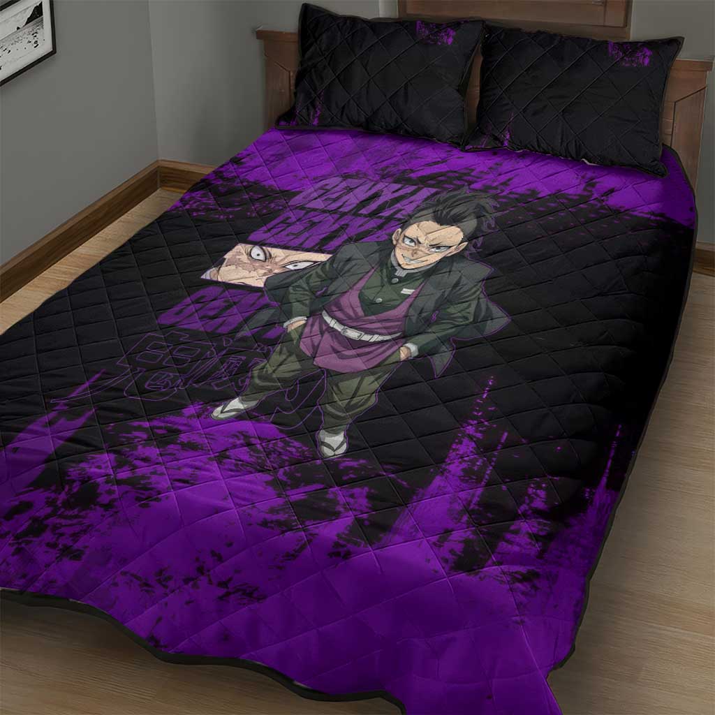 Genya Shinazugawa Demon Slayer Purple Grunge Design Quilt Bed Set with Fierce Expression and Combat Stance - The Mazicc