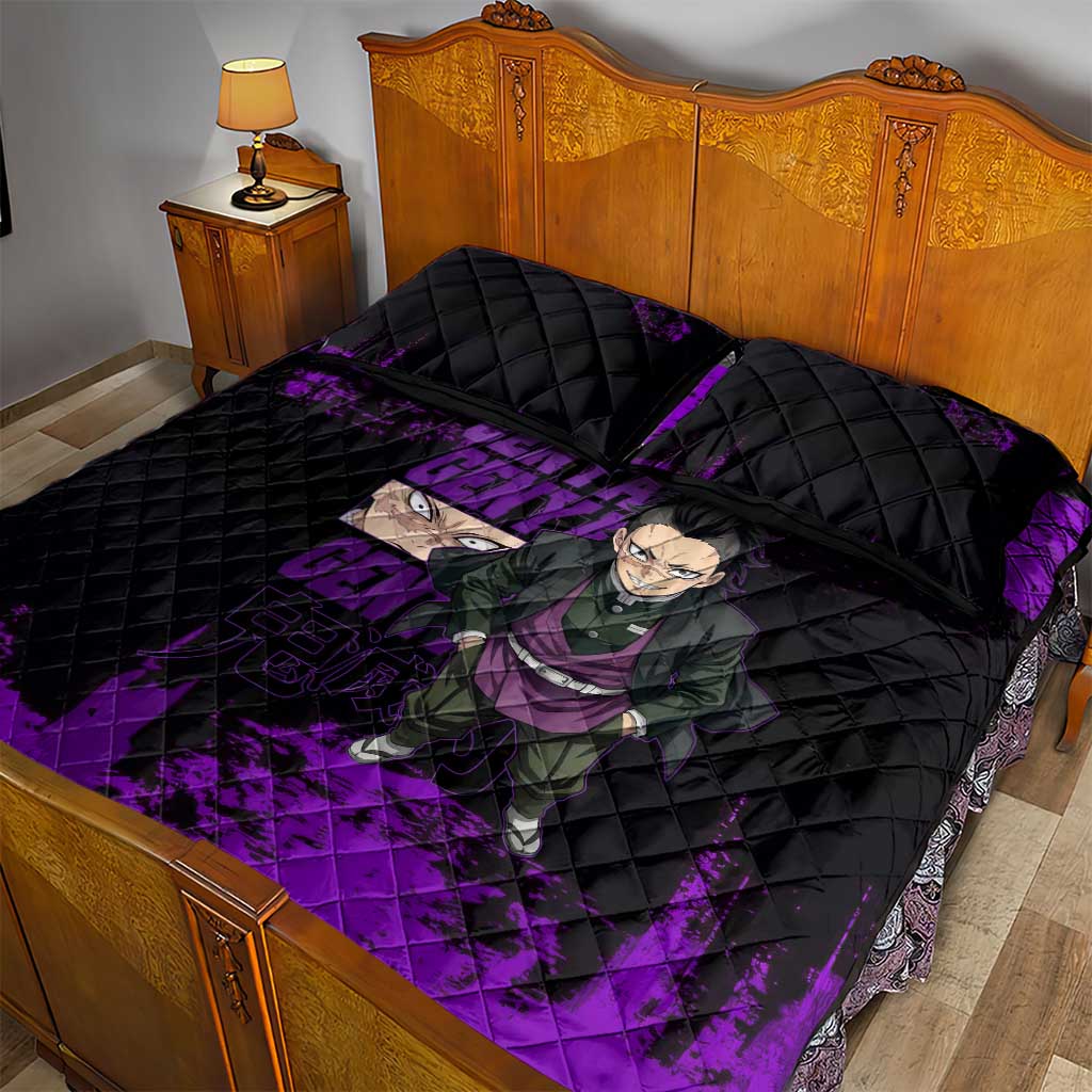 Genya Shinazugawa Demon Slayer Purple Grunge Design Quilt Bed Set with Fierce Expression and Combat Stance - The Mazicc