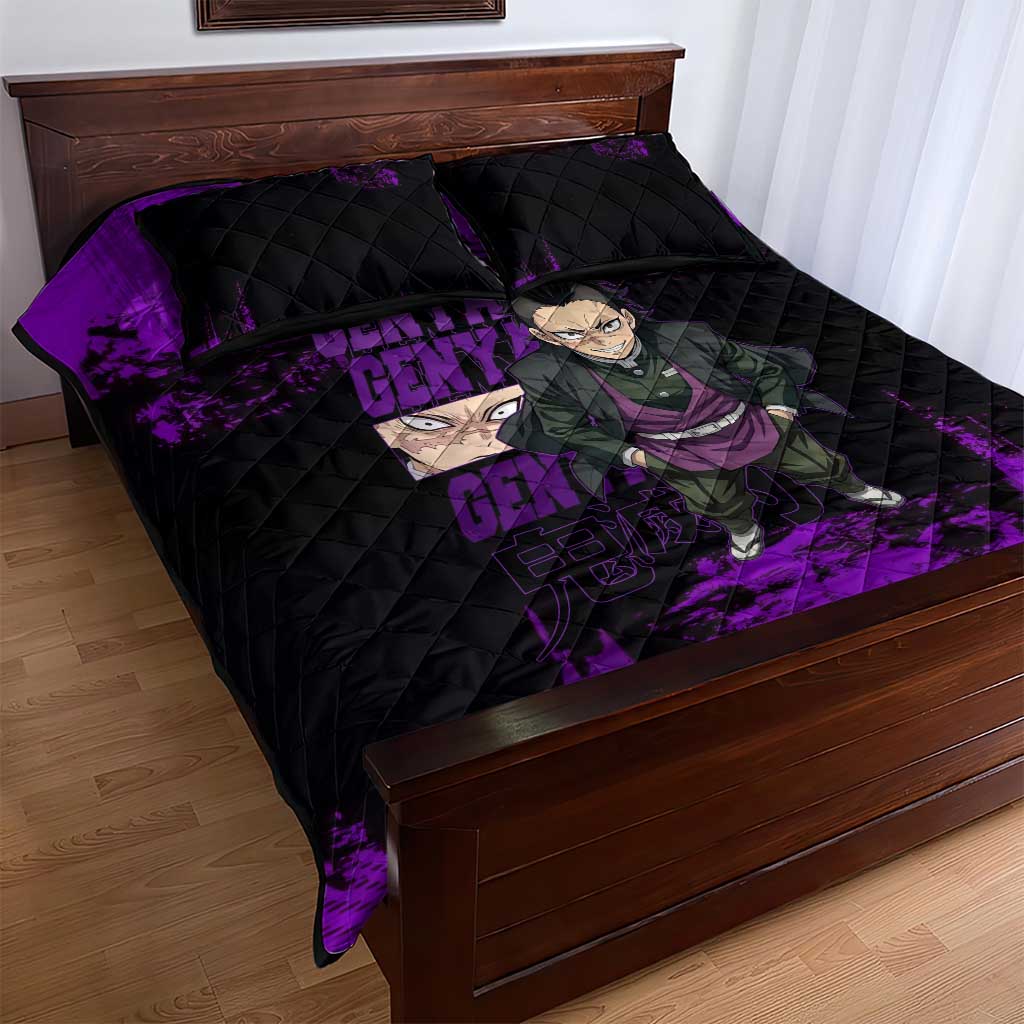 Genya Shinazugawa Demon Slayer Purple Grunge Design Quilt Bed Set with Fierce Expression and Combat Stance - The Mazicc